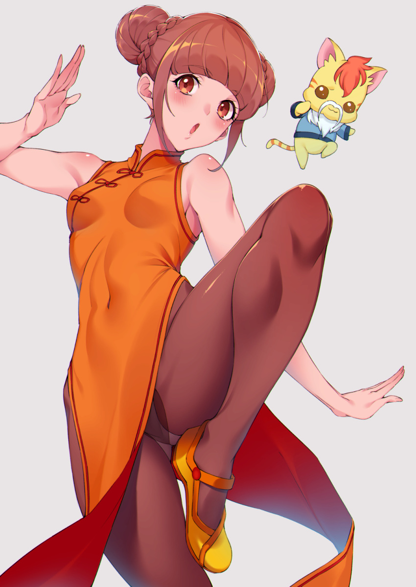 1girl :o arm_up ass_visible_through_thighs bangs bare_shoulders beard blunt_bangs blush braid breasts brown_hair brown_legwear china_dress chinese_clothes commentary_request creature double_bun dress eyebrows_visible_through_hair facial_hair fighting_stance grey_background gusset healin'_good_precure highres hiramitsu_hinata leg_up long_hair looking_at_viewer nyatoran_(precure) open_mouth orange_dress orange_footwear panties panties_under_pantyhose pantyhose pantyshot pelvic_curtain precure red_eyes shoes sidelocks simple_background sleeveless sleeveless_dress small_breasts solo standing standing_on_one_leg sugarbeat underwear white_panties