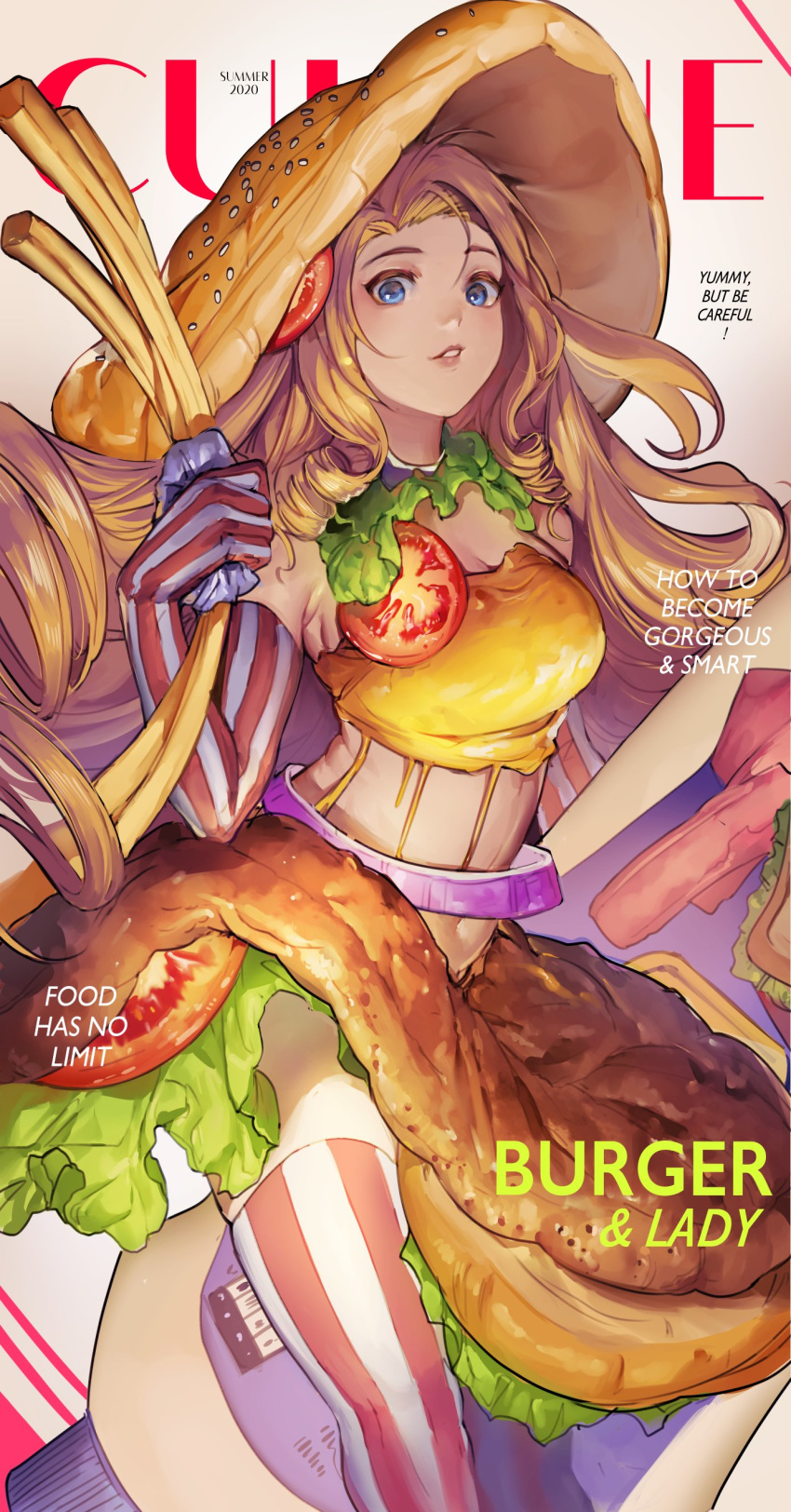 1girl absurdres armpit_crease bangs bare_shoulders blonde_hair blue_eyes cheese commentary cover crop_top elbow_gloves english_text fast_food food food_themed_clothes french_fries gloves hamburger highres lettuce long_hair looking_at_viewer magazine_cover mayonnaise_bottle midriff onion original oversized_food parted_bangs parted_lips ringlets standing straddling striped striped_gloves striped_legwear thigh-highs thighs tomato velahka vertical-striped_legwear vertical_stripes very_long_hair