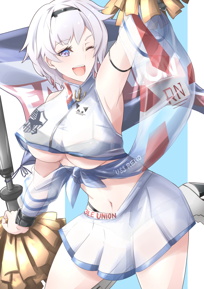 1girl armpits azur_lane bare_shoulders beltbra breasts cheerleader crop_top crop_top_overhang eagle_union_(emblem)_(azur_lane) flag gudon_(iukhzl) highres holding_pom_poms large_breasts open_mouth parted_hair pom_poms purple_sash reno_(azur_lane) reno_(biggest_little_cheerleader)_(azur_lane) sash see-through_skirt see-through_sleeves skirt two-tone_skirt under_boob violet_eyes white_hair