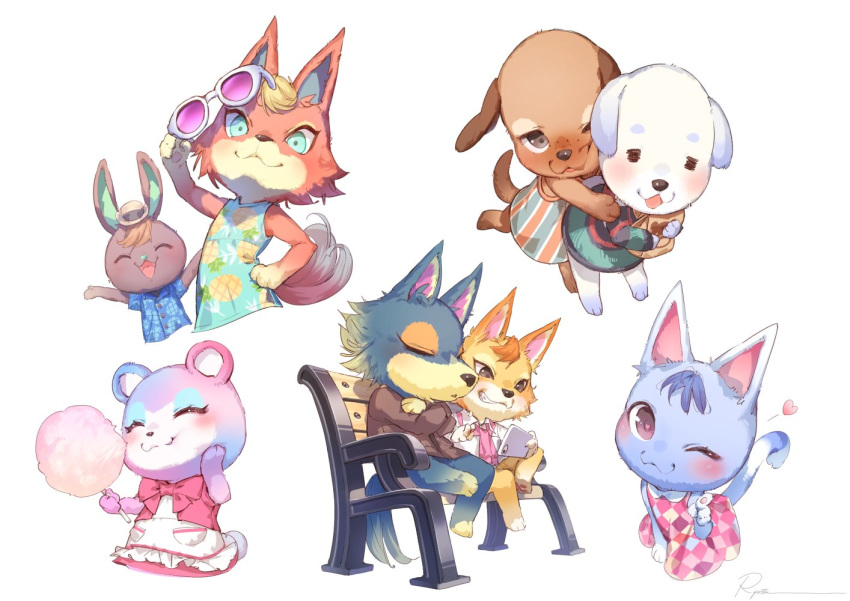 3boys 5girls animal_ears apron artist_name bear beguru_(doubutsu_no_mori) bench blonde_hair blue_dress blue_hair blue_shirt blush bouquet_(doubutsu_no_mori) brown_jacket cat cat_ears character_request check_character chief_(doubutsu_no_mori) closed_eyes dog doubutsu_no_mori dress eyewear_on_head furry hug hug_from_behind jacket looking_at_viewer misuzu_(doubutsu_no_mori) monika_(doubutsu_no_mori) multiple_boys multiple_girls orange_hair pink_dress rabbit robo_(doubutsu_no_mori) ryota_(ry_o_ta) santos_(doubutsu_no_mori) shirt short_sleeves simple_background sitting sleeping smile sunglasses tail vanilla_(doubutsu_no_mori) white_apron white_background wolf wolf_ears wolf_tail