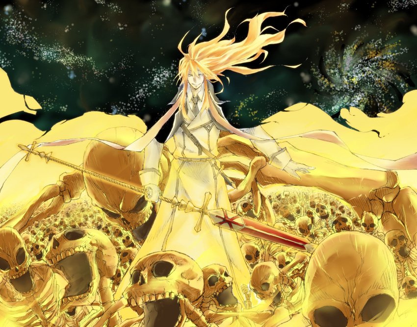 14sai14row 1boy blonde_hair dagger dies_irae gloves hair_between_eyes highres holding holding_spear holding_weapon long_hair male_focus necktie open_mouth parted_lips polearm reinhard_tristan_eugen_heydrich screaming skeleton skull smile solo spear standing torn_clothes weapon yellow_eyes yellow_gloves