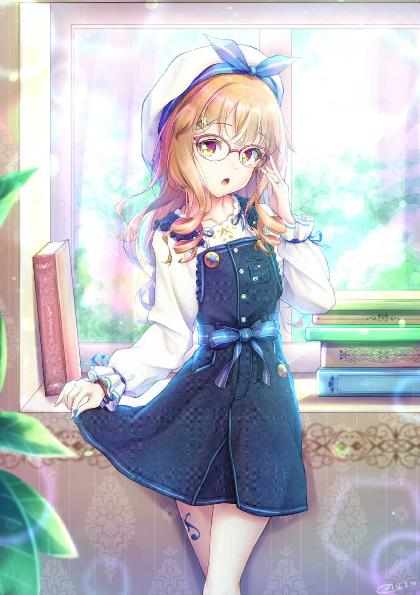 1boy adjusting_eyewear bangs blonde_hair book bracelet buttons curtsey drill_locks glasses hair_ornament hairclip hat highres indoors jewelry leg_tattoo looking_at_viewer nobady open_mouth original otoko_no_ko overall_skirt ribbon ring ruffled_sleeves solo standing tattoo window yellow_eyes