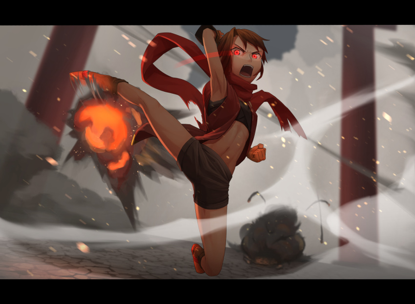 1girl abs armpits blurry blurry_background brown_hair commentary_request embers explosion glowing glowing_eyes kis_sako letterboxed looking_at_viewer midriff open_mouth original partial_commentary red_eyes scarf short_shorts shorts smoke solo