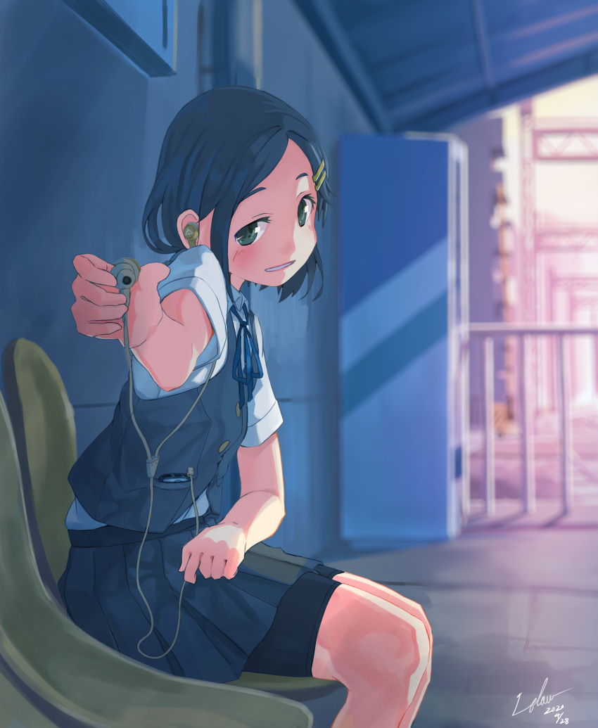 1girl absurdres bike_shorts black_hair black_vest blue_ribbon blurry chair commentary_request depth_of_field earphones feet_out_of_frame grin hair_ornament hairclip highres kantai_collection kuroshio_(kantai_collection) looking_at_viewer neck_ribbon pleated_skirt railing ribbon school_uniform shirt short_hair short_sleeves shorts shorts_under_skirt signature sitting skirt smile solo utachy vest white_shirt