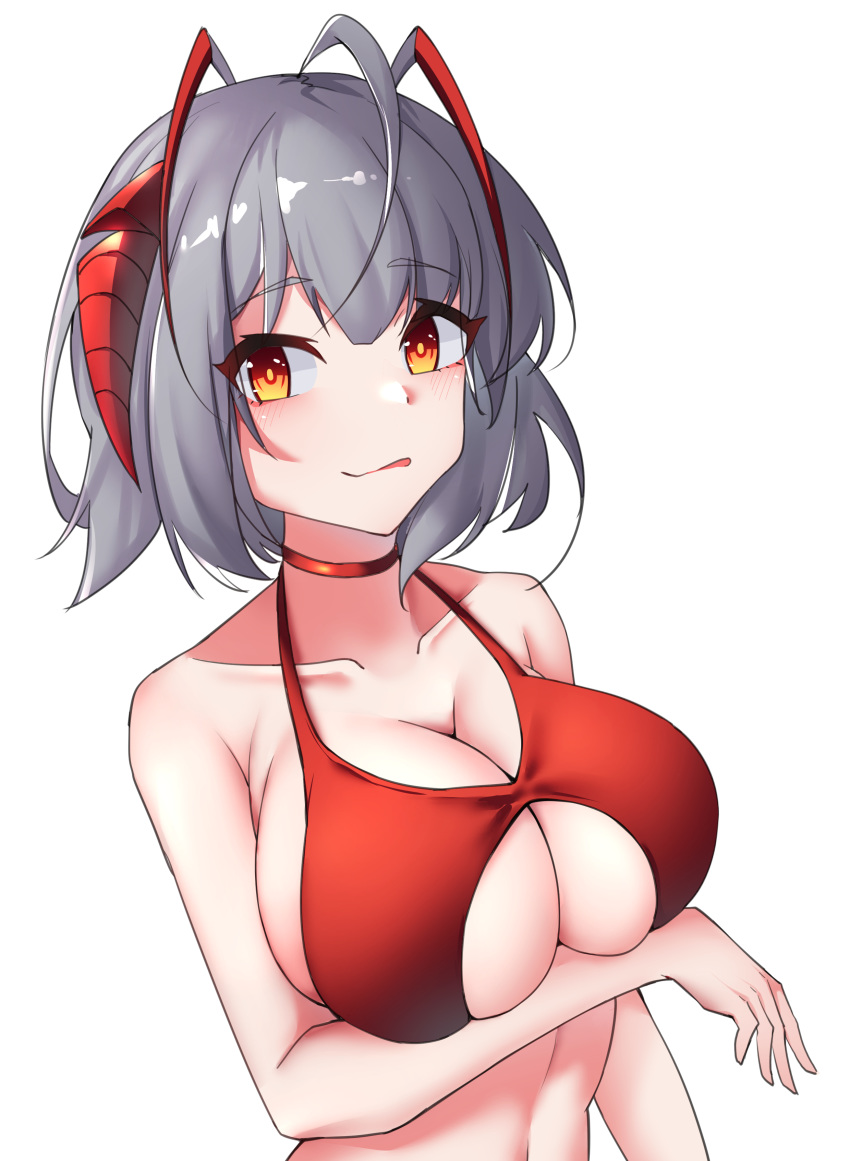 1girl :q absurdres ahoge arknights bangs bare_arms bare_shoulders bikini blush blz_buluozhang breast_hold breasts choker collarbone commentary eyebrows_visible_through_hair grey_hair highres horns large_breasts looking_at_viewer orange_eyes red_bikini red_choker short_hair simple_background smile solo stomach swimsuit tongue tongue_out upper_body w_(arknights) white_background