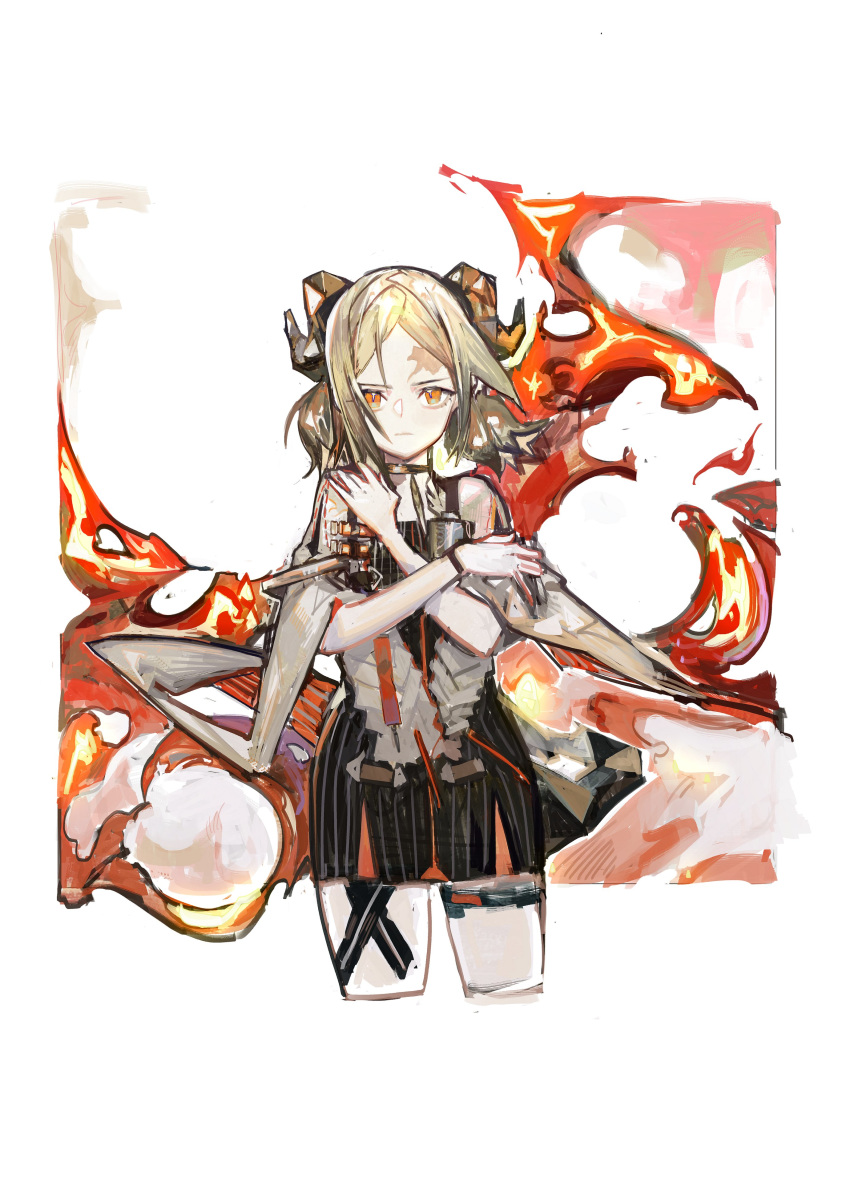 1girl absurdres arknights bangs black_skirt blonde_hair capelet chinese_commentary choker closed_mouth cowboy_shot crossed_arms demon_horns demon_tail expressionless facial_scar fire highres horns ifrit_(arknights) looking_at_viewer medium_hair miniskirt orange_eyes parted_bangs pp_bullet scar simple_background skirt solo striped tail thigh_strap traditional_media twintails vertical-striped_skirt vertical_stripes white_background white_capelet
