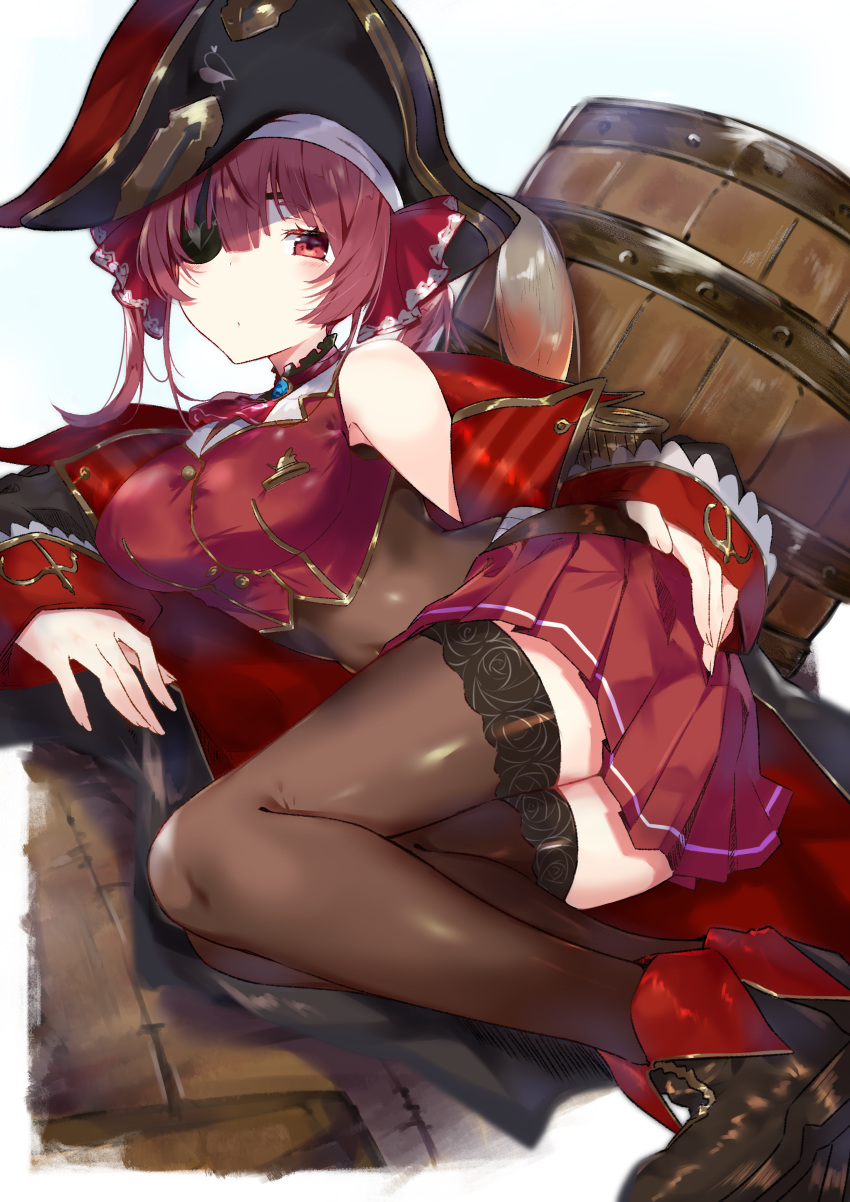 1girl absurdres bare_shoulders barrel black_footwear black_headwear bodysuit breasts brown_legwear choker coat crop_top eyepatch gold_trim hat highres hololive houshou_marine kikurage_tom. large_breasts long_hair looking_at_viewer miniskirt off_shoulder open_clothes open_coat pirate_hat pleated_skirt reclining red_eyes red_shirt red_skirt redhead shirt shoes skirt sleeveless sleeveless_shirt solo thigh-highs virtual_youtuber zettai_ryouiki
