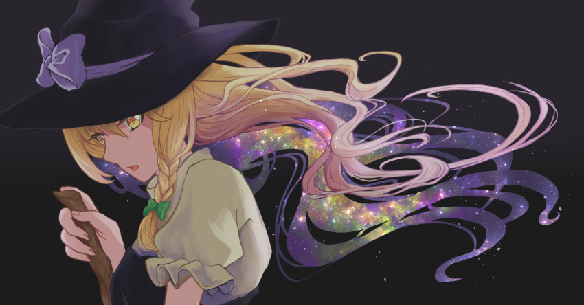 1girl arm_at_side arm_up black_background black_headwear black_vest blonde_hair braid broom commentary eyebrows_visible_through_hair floating_hair hair_between_eyes hair_ribbon hat hat_ribbon highres holding holding_broom kirisame_marisa long_hair looking_to_the_side milky_way open_mouth puffy_short_sleeves puffy_sleeves ribbon shirt short_sleeves sideways_mouth simple_background single_braid solo star_(sky) touhou tress_ribbon upper_body very_long_hair vest white_shirt witch_hat yamabuki_(laysis_yama) yellow_eyes