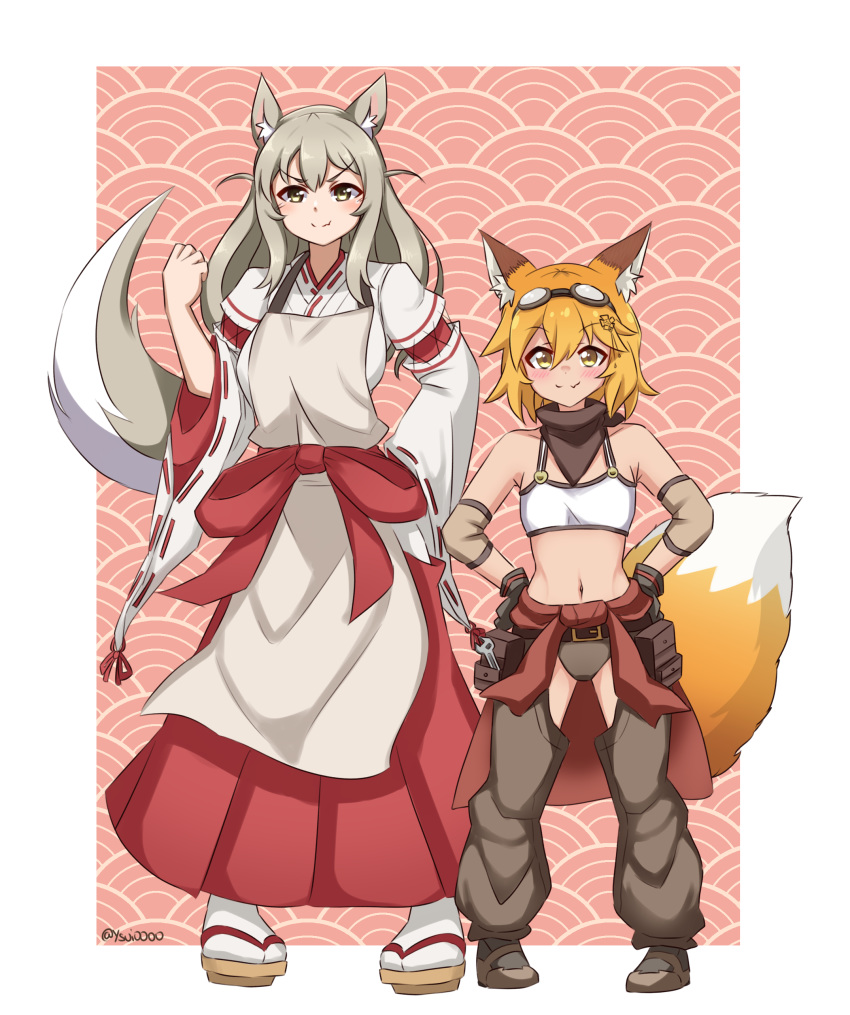 2girls absurdres adjustable_wrench animal_ear_fluff animal_ears apron blonde_hair blush boots breasts brown_apron brown_footwear brown_hair clothes_around_waist cosplay costume_switch cowboy_boots detached_sleeves elbow_pads fox fox_ears fox_girl fox_tail full_body goggles goggles_on_head hair_flaps hakama hands_on_hips highres japanese_clothes kimono kitsune lily_the_mechanic long_hair looking_at_viewer lost_pause mechanic miko multiple_girls navel puffy_detached_sleeves puffy_sleeves red_hakama ribbon-trimmed_sleeves ribbon_trim senko_(sewayaki_kitsune_no_senko-san) senko_(sewayaki_kitsune_no_senko-san)_(cosplay) sewayaki_kitsune_no_senko-san short_hair smile standing tail tail_raised tool_belt tools trait_connection v-shaped_eyebrows white_kimono wrench yellow_eyes ysui0000