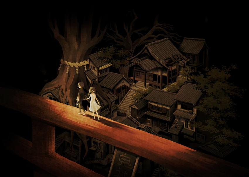 1boy 1girl architecture black_pants black_shirt bow brown_eyes brown_hair building damaged dark dress east_asian_architecture highres holding holding_hands lantern long_hair long_sleeves mariyasu original pants rope shide shimenawa shirt stairs sundress tree white_bow white_dress wide_shot