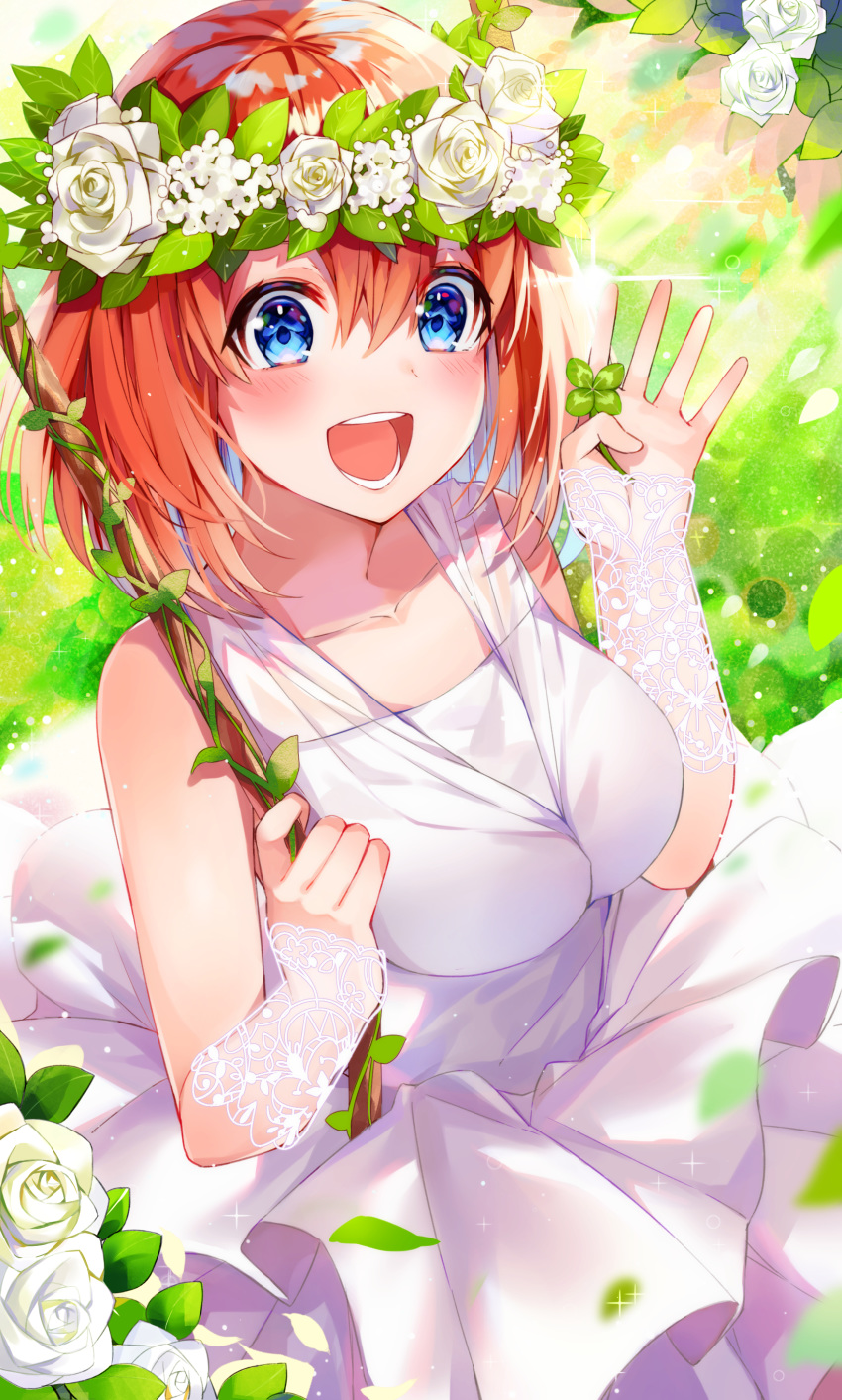1girl :d absurdres bangs bare_shoulders blue_eyes blush breasts clover collarbone commentary_request detached_sleeves dress flower flower_wreath four-leaf_clover go-toubun_no_hanayome green_background hair_between_eyes hand_up head_wreath highres holding holding_leaf large_breasts leaf light_rays looking_at_viewer machamochi nakano_yotsuba open_mouth orange_hair rose see-through_sleeves short_hair sidelocks sleeveless sleeveless_dress smile solo sunbeam sunlight swing teeth upper_body upper_teeth wedding_dress white_dress white_flower white_rose