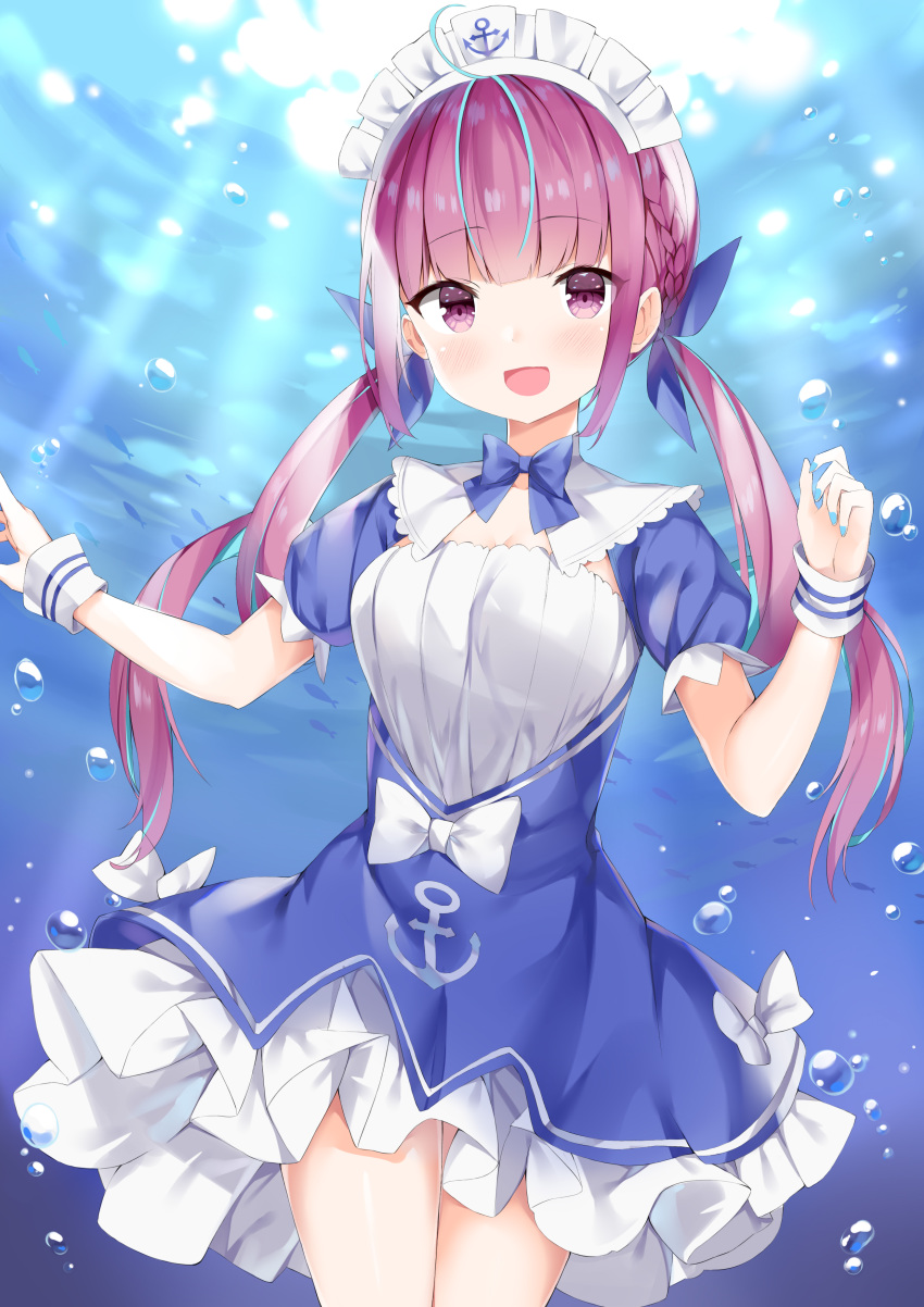 1girl :d absurdres anchor anchor_symbol bangs blue_bow blue_dress blue_nails blue_ribbon blurry blurry_background blush bow commentary_request day depth_of_field dress eyebrows_visible_through_hair frilled_dress frills fuyuki030 hair_ribbon highres hololive long_hair looking_at_viewer maid_headdress minato_aqua multicolored_hair nail_polish open_mouth outdoors puffy_short_sleeves puffy_sleeves purple_hair ribbon short_sleeves smile solo sunlight twintails two-tone_hair underwater very_long_hair violet_eyes virtual_youtuber white_bow wrist_cuffs