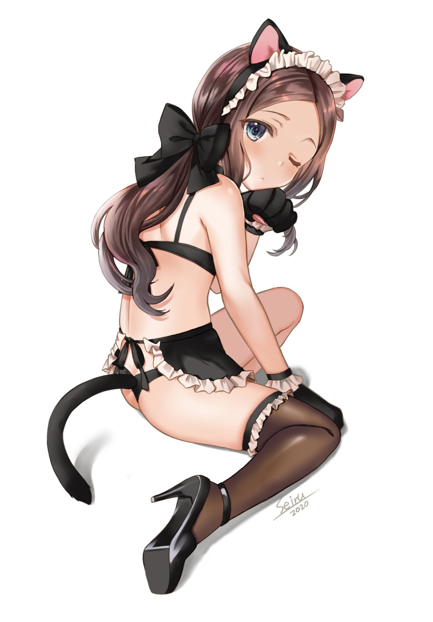 1girl animal_ears apron ass back bangs black_apron black_bow black_bra black_footwear black_panties blue_eyes blush bow bra breasts brown_hair brown_legwear cat_ears cat_tail fate/grand_order fate_(series) forehead gloves hair_bow high_heels highres hijiri_ruka legs leonardo_da_vinci_(fate/grand_order) leonardo_da_vinci_(rider)_(fate) long_hair looking_at_viewer maid_headdress one_eye_closed panties parted_bangs paw_gloves paws ponytail simple_background sitting small_breasts solo tail thigh-highs underwear waist_apron wariza white_background