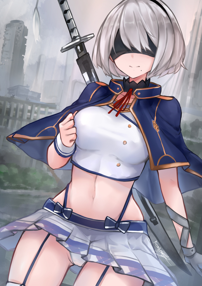 1girl absurdres blindfold breasts capelet cosplay cowboy_shot crop_top facing_viewer garter_straps gold_trim highres large_breasts midriff miniskirt mole mole_under_mouth navel neonbeat nier_(series) nier_automata outdoors panties pantyshot pleated_skirt rokudenashi_majutsu_koushi_to_akashic_record shirt short_hair silver_hair skirt smile solo stomach sword thigh-highs thighs underwear uniform virtuous_contract weapon weapon_on_back white_legwear white_panties white_shirt white_skirt wrist_cuffs yorha_no._2_type_b