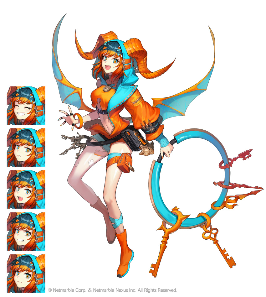 1girl :d absurdres ante_(seven_knights) bad_id bad_twitter_id belt belt_pouch blue_eyes boots chakram commentary_request crop_top curled_horns dragon_horns dragon_wings expressions fang highres holding hood hooded_jacket horns jacket key korean_commentary leg_belt lock long_sleeves looking_at_viewer loose_belt midriff navel official_art open_mouth orange_hair orange_jacket orange_shirt padlock pouch seven_knights shirt short_hair short_shorts shorts simple_background sleeveless sleeveless_shirt smile solo soyoong_jun stomach thighs weapon white_background wings