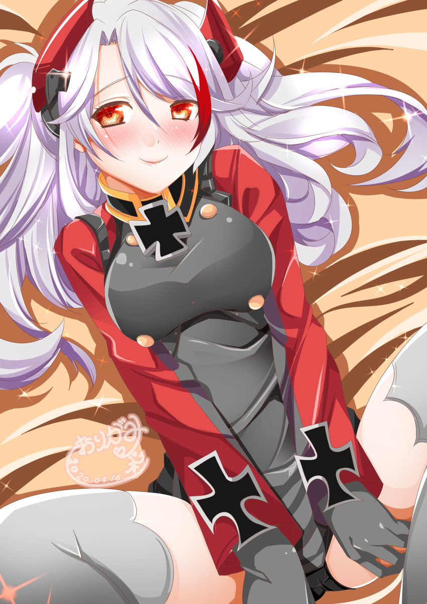 1girl artist_name asymmetrical_bangs azur_lane bangs bed_sheet black_panties blush breasts closed_mouth commentary dated double-breasted eyebrows_visible_through_hair from_above gloves grey_gloves grey_legwear hair_between_eyes headpiece highres iron_cross lips long_hair long_sleeves looking_at_viewer lying medium_breasts military military_uniform multicolored_hair on_back origami_aya panties parted_bangs prinz_eugen_(azur_lane) red_eyes redhead signature silver_hair smile solo sparkle spread_legs streaked_hair thigh-highs thighs twintails two-tone_hair underwear uniform