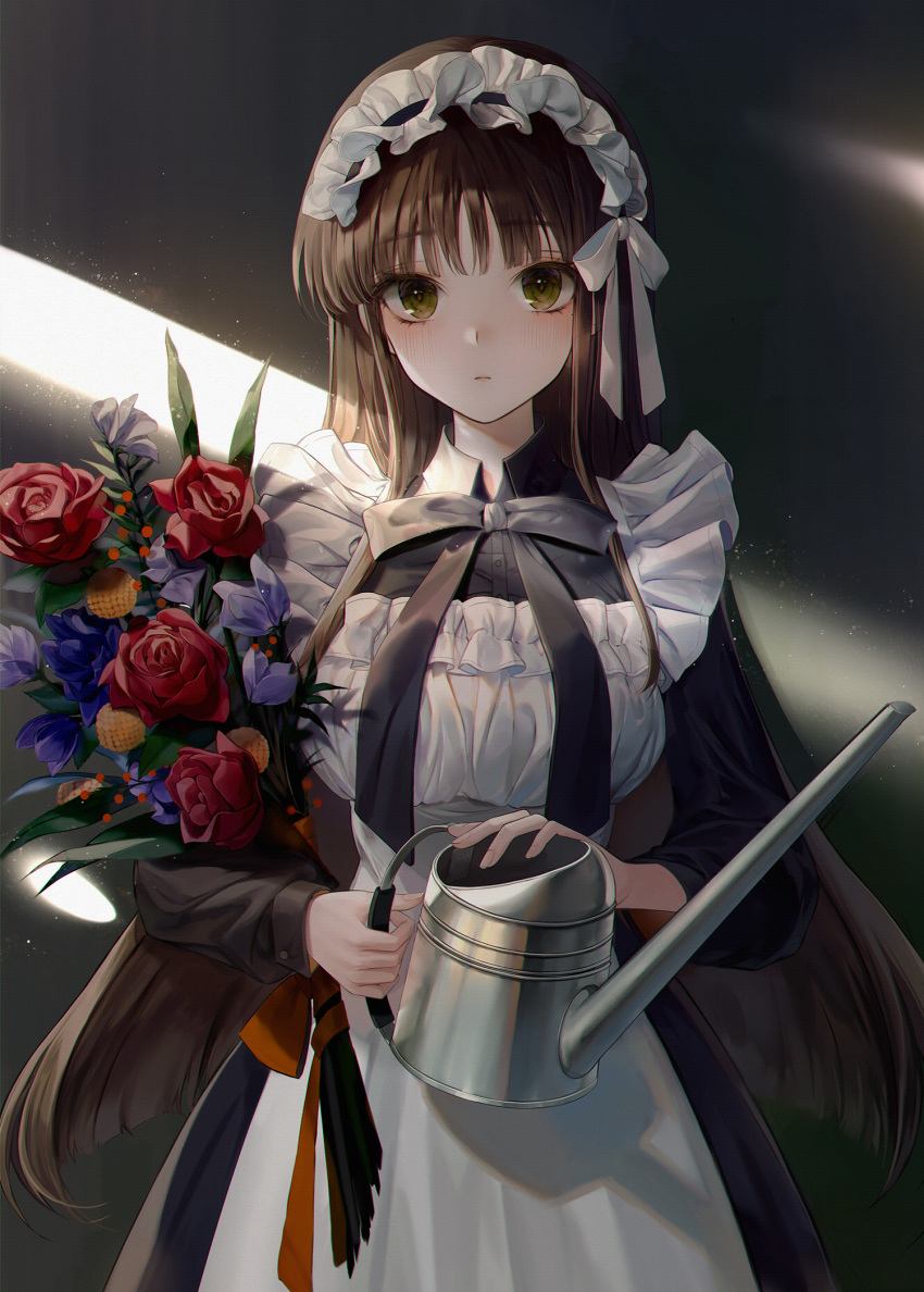 1girl apron bangs black_dress black_neckwear blue_flower blush bouquet breasts brown_hair closed_mouth commentary_request dress eyebrows_visible_through_hair flower frilled_apron frills green_eyes hair_ribbon highres holding large_breasts long_hair long_sleeves maid maid_headdress minncn original red_flower red_rose ribbon rose solo watering_can white_apron white_flower white_ribbon yellow_flower