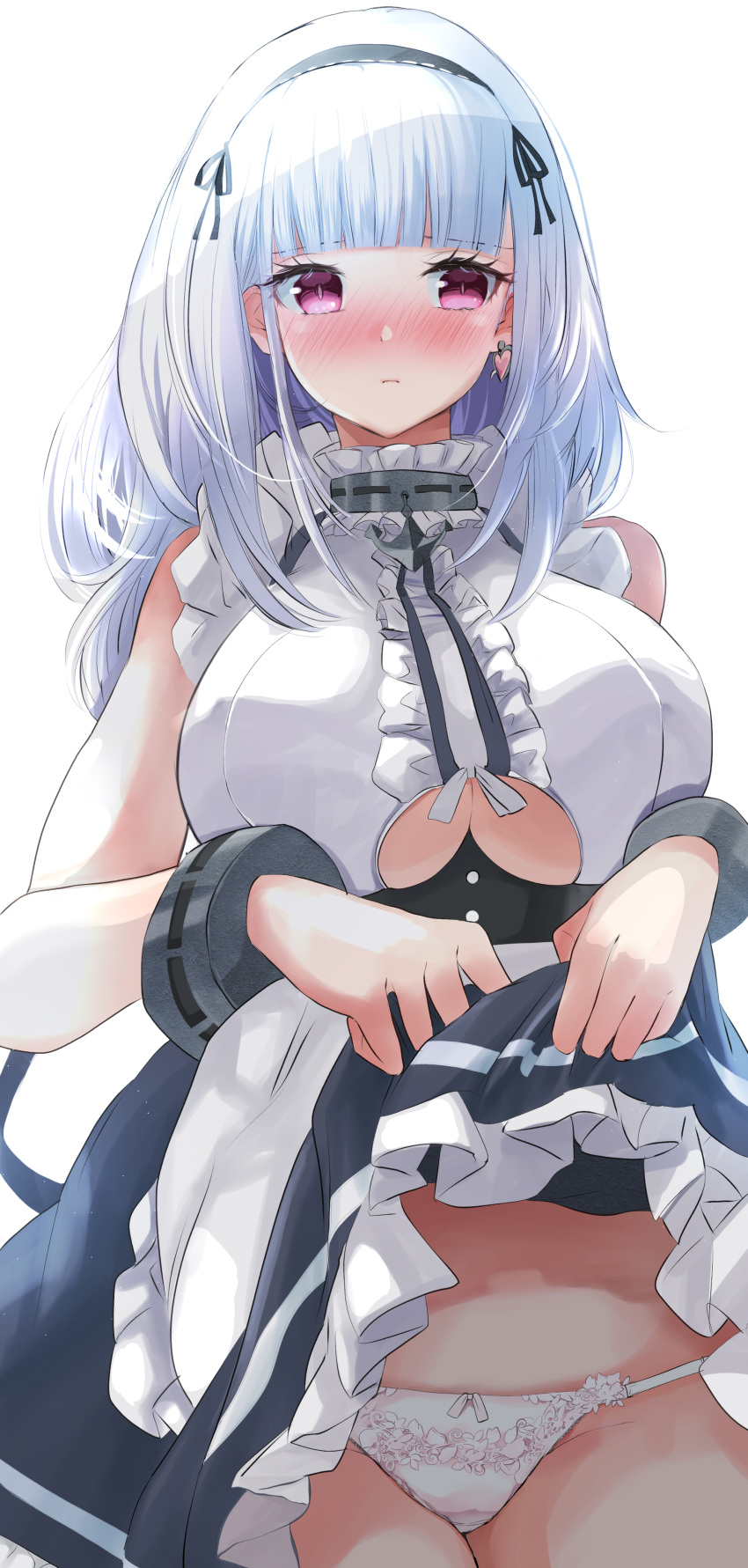 1girl absurdres anchor_choker apron azur_lane bangs bare_shoulders black_hairband blush breasts center_frills choker closed_mouth dido_(azur_lane) earrings eyebrows_visible_through_hair frilled_apron frilled_choker frills hairband heart heart_earrings highres jewelry lace-trimmed_hairband large_breasts lifted_by_self long_hair looking_at_viewer maid maid_apron maid_dress panties pink_eyes silver_hair simple_background sleeveless solo sono_mata thigh-highs under_boob underboob_cutout underwear violet_eyes waist_apron white_apron white_background white_legwear white_panties