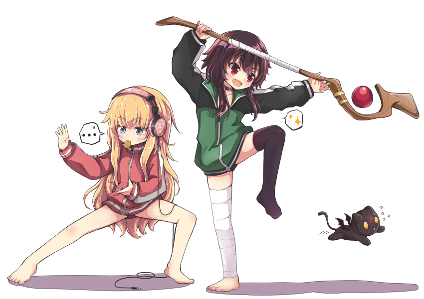 ... 2girls absurdres bandaged_leg bandages bare_legs barefoot blonde_hair cat chomusuke crossover gabriel_dropout grey_eyes headphones highres hood hoodie kono_subarashii_sekai_ni_shukufuku_wo! megumin messy_hair mismatched_legwear multiple_girls open_mouth purple_hair red_eyes single_thighhigh skirt staff tenma_gabriel_white thigh-highs white_background xtacy