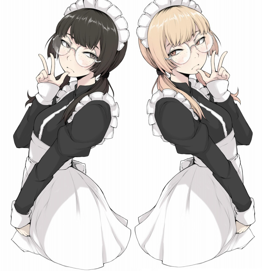 2girls act-age alternate_hair_color blonde_hair brown_eyes brown_hair closed_mouth dual_persona eyebrows freckles glasses highres ina_(gokihoihoi) long_hair long_sleeves looking_at_viewer low_twintails maid maid_headdress multiple_girls sanzaka_nanao simple_background twintails v white_background