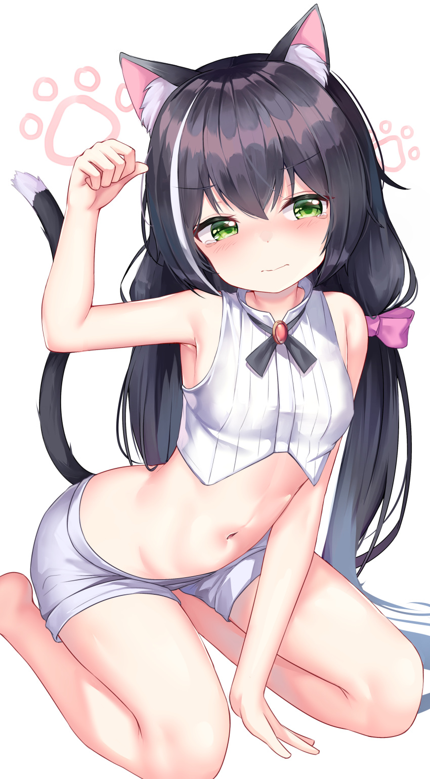 1girl absurdres animal_ears arm_support arm_up bare_arms bare_legs bare_shoulders black_hair blush bow breasts cat_ears cat_girl cat_tail closed_mouth commentary_request cowboy_shot crop_top green_eyes hair_bow highres kneeling kyaru_(princess_connect) leaning_forward long_hair low_twintails mannaku multicolored_hair navel paw_background paw_pose pink_bow princess_connect! princess_connect!_re:dive short_shorts shorts simple_background sleeveless small_breasts smile solo stomach streaked_hair tail twintails very_long_hair white_background white_hair white_shorts