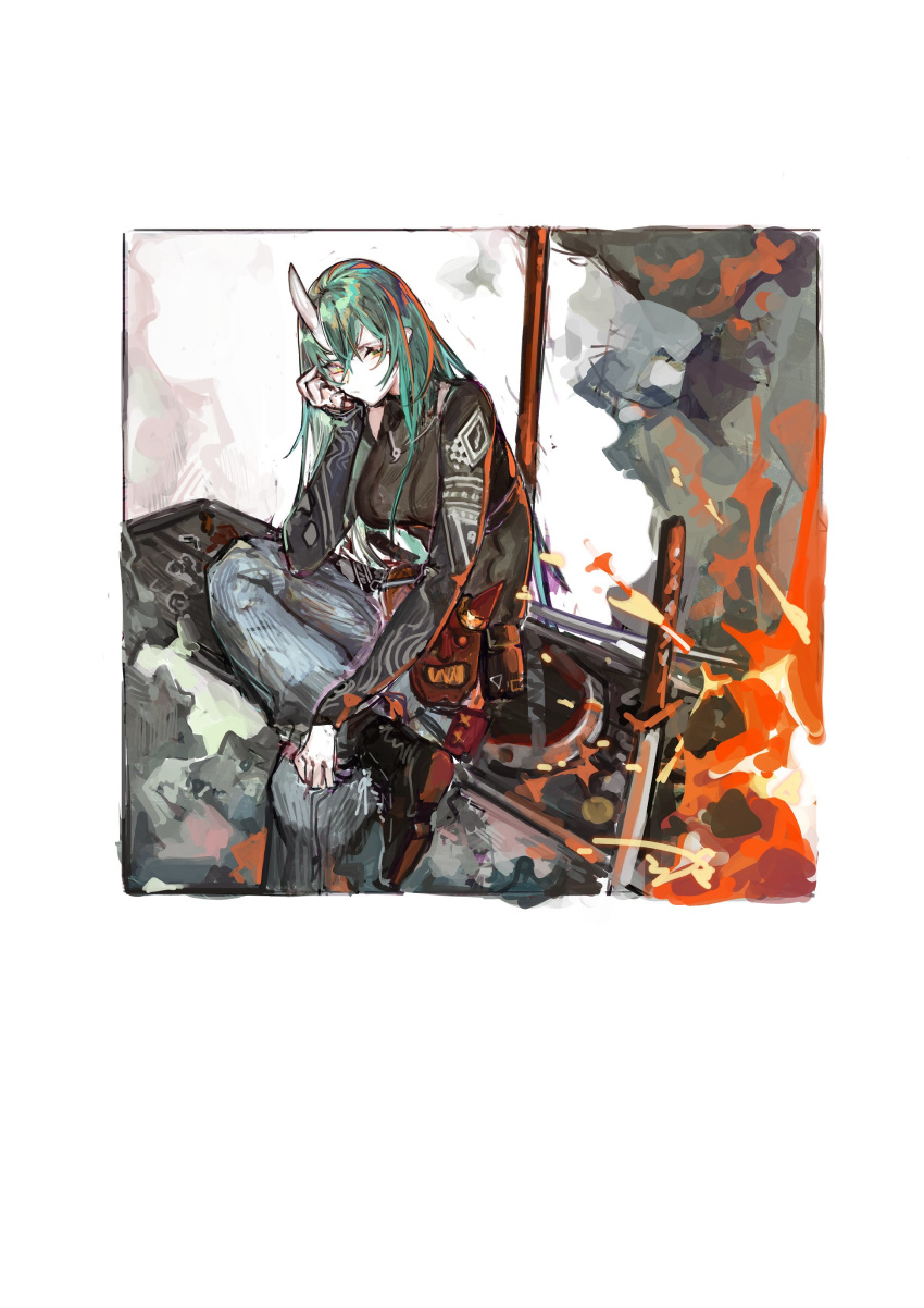 1girl absurdres arknights belt belt_pouch black_footwear black_shirt blue_pants boots border breasts chin_rest closed_mouth commentary crossed_legs eyebrows_visible_through_hair fire green_hair hand_on_own_cheek highres hoshiguma_(arknights) jewelry katana long_hair long_sleeves looking_at_viewer medium_breasts necklace oni_horn oni_mask pants pouch pp_bullet shield shirt simple_background sitting smoke solo straight_hair sword traditional_media turtleneck weapon white_background yellow_eyes