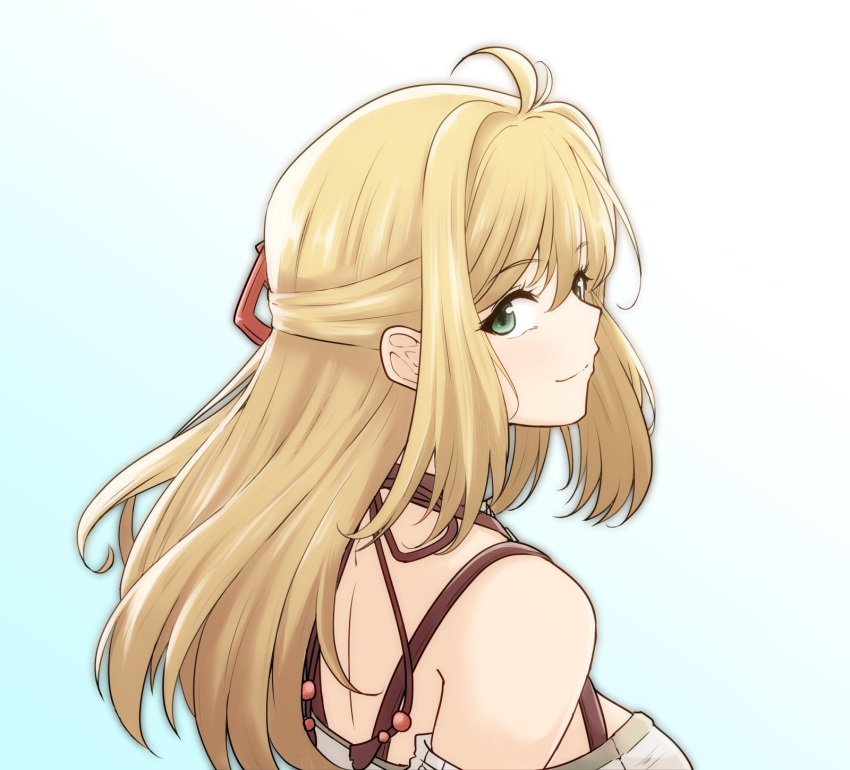 1girl bare_shoulders blonde_hair eyebrows_visible_through_hair fiorun gradient gradient_background green_eyes hair_ornament hairclip highres long_hair looking_back mochimochi_(xseynao) smile solo white_background xenoblade_(series) xenoblade_1