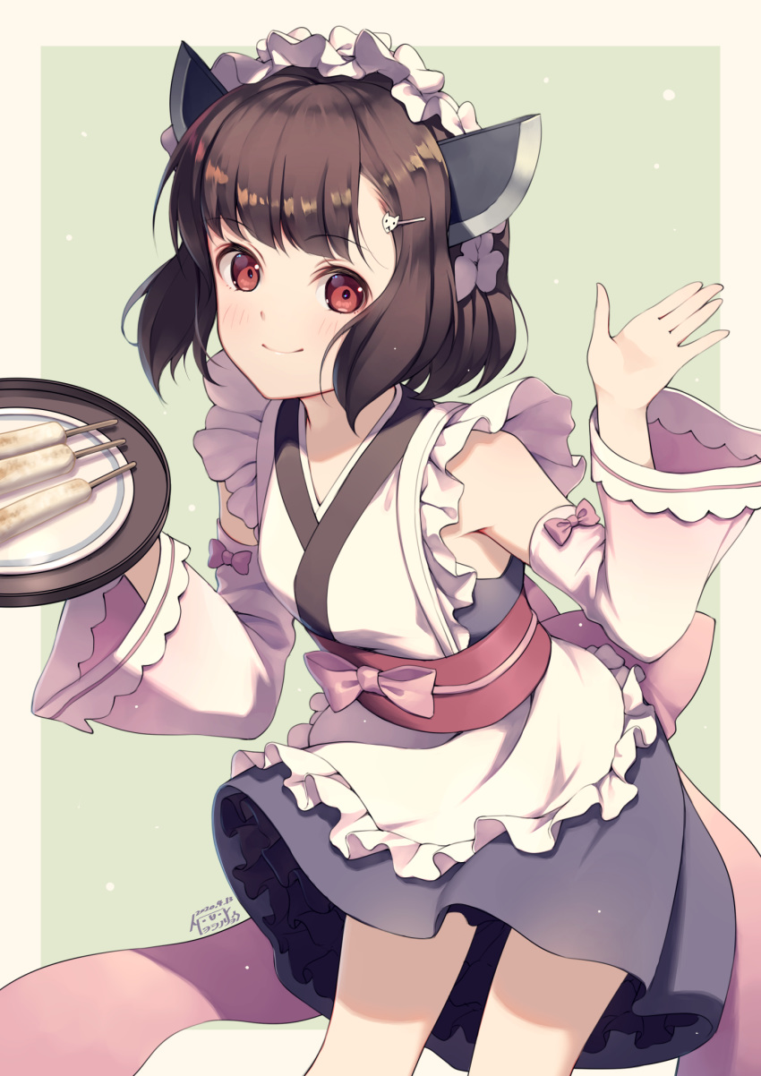 1girl alternate_costume apron bare_shoulders black_hair black_skirt blush bow brown_background closed_mouth commentary_request dated detached_sleeves enmaided food fox_hair_ornament frilled_apron frills green_background hair_ornament hairclip hands_up headgear highres holding holding_tray japanese_clothes kimono long_sleeves maid obi pink_bow plate red_eyes sash signature skirt sleeveless sleeveless_kimono smile solo touhoku_kiritan tray two-tone_background voiceroid white_apron white_kimono white_sleeves wide_sleeves yoshino_ryou