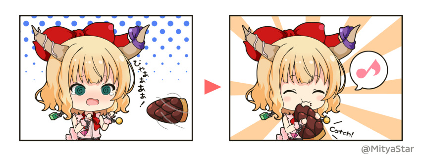 1girl :t @_@ bare_shoulders blonde_hair blush bow chain chibi closed_mouth commentary_request cosplay cube eating eighth_note food food_on_face gochuumon_wa_usagi_desu_ka? green_eyes hair_bow holding holding_food horn_bow horns ibuki_suika ibuki_suika_(cosplay) kirima_sharo miicha musical_note oni oni_horns open_mouth pink_shirt purple_bow red_bow shirt sleeveless sleeveless_shirt sphere spoken_musical_note sunburst sunburst_background takenoko_no_sato_(food) teardrop touhou translation_request twitter_username upper_body wavy_mouth wrist_cuffs