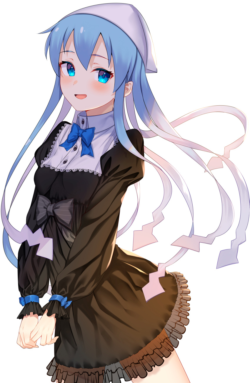1girl absurdres black_dress blue_bow blue_eyes blue_hair blue_neckwear bow breasts commentary_request dress hair_between_eyes hat highres ikamusume jun_(aousa0328) long_hair long_sleeves looking_at_viewer medium_breasts open_mouth shinryaku!_ikamusume simple_background smile solo tentacle_hair white_background