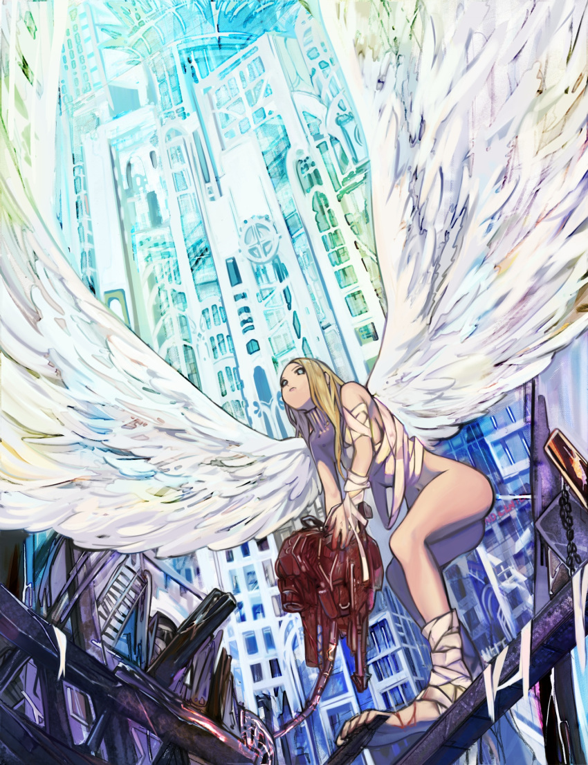 1girl angel angel_wings bandaged_arm bandaged_leg bandages blonde_hair blood bloody_bandages bloody_hands building chain closed_mouth debris green_eyes heart highres holding holding_heart long_hair machinery navel original outdoors scratches tokiwata_soul wings