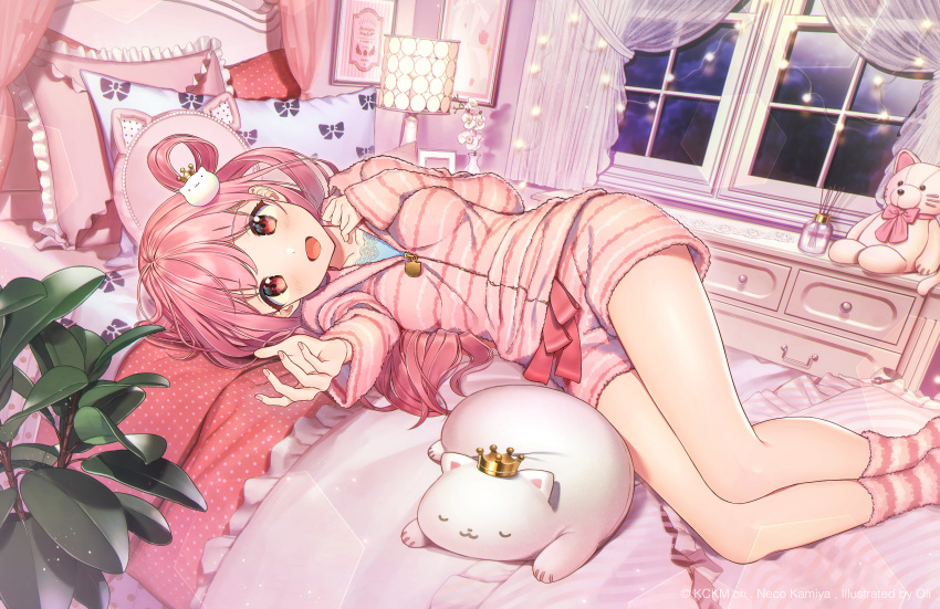 1girl :d absurdres bed cat_hair_ornament crown curtains feet_out_of_frame hair_ornament highres huge_filesize lamp long_hair long_sleeves looking_at_viewer loungewear mini_crown official_art oli open_mouth pillow pink_hair pink_legwear plant potted_plant smile socks striped striped_legwear stuffed_animal stuffed_cat stuffed_toy vase watermark window