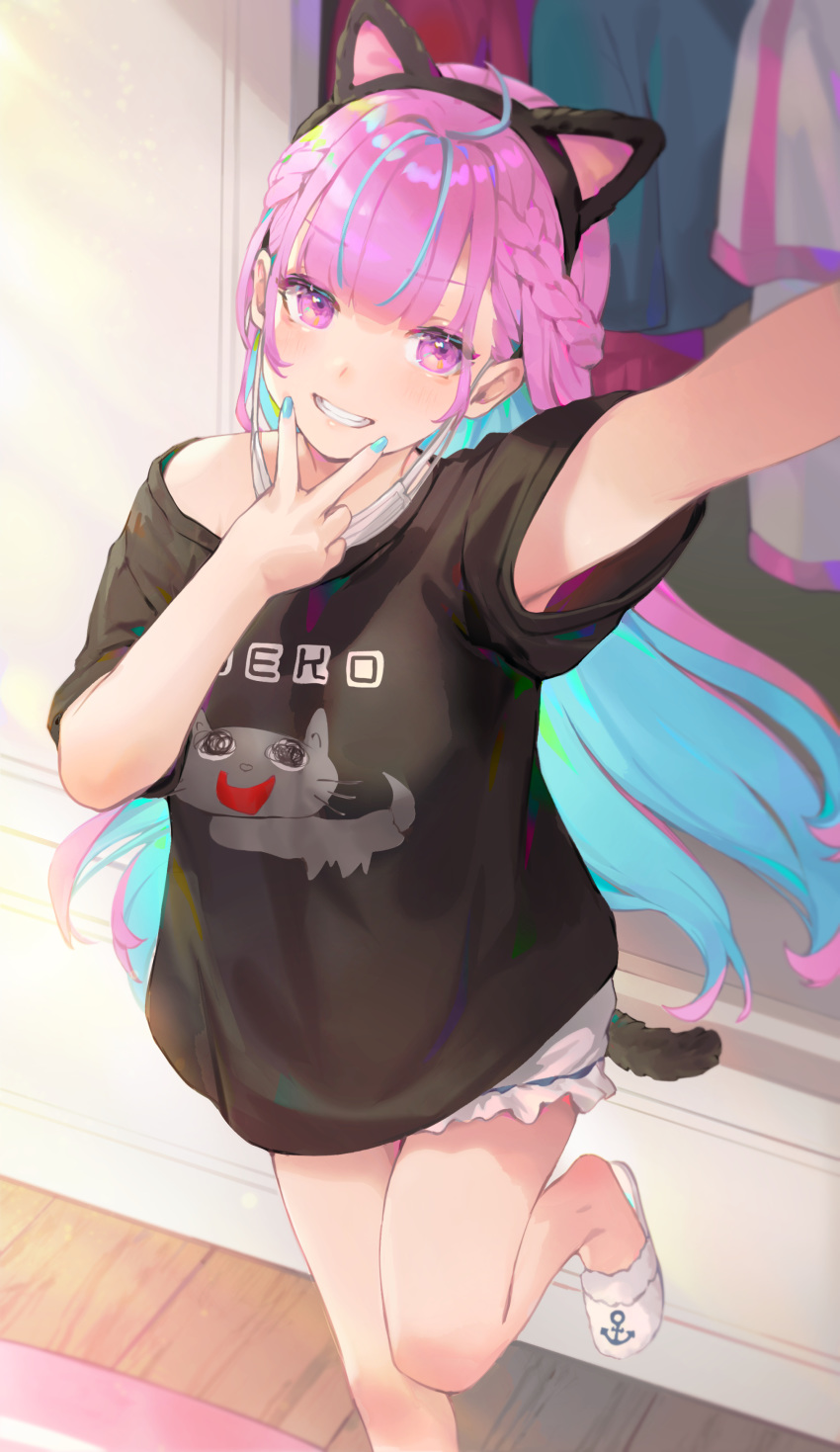 1girl absurdres animal_ears arm_up bibimbub black_shirt blue_hair blush braid breasts cat_ears cat_tail eyebrows_visible_through_hair fake_animal_ears grin hairband highres hololive indoors long_hair looking_at_viewer loungewear mask medium_breasts minato_aqua multicolored_hair nail_polish parted_lips pink_eyes pink_hair shirt short_sleeves slippers smile solo standing standing_on_one_leg tail teeth two-tone_hair v v_over_mouth very_long_hair virtual_youtuber white_footwear