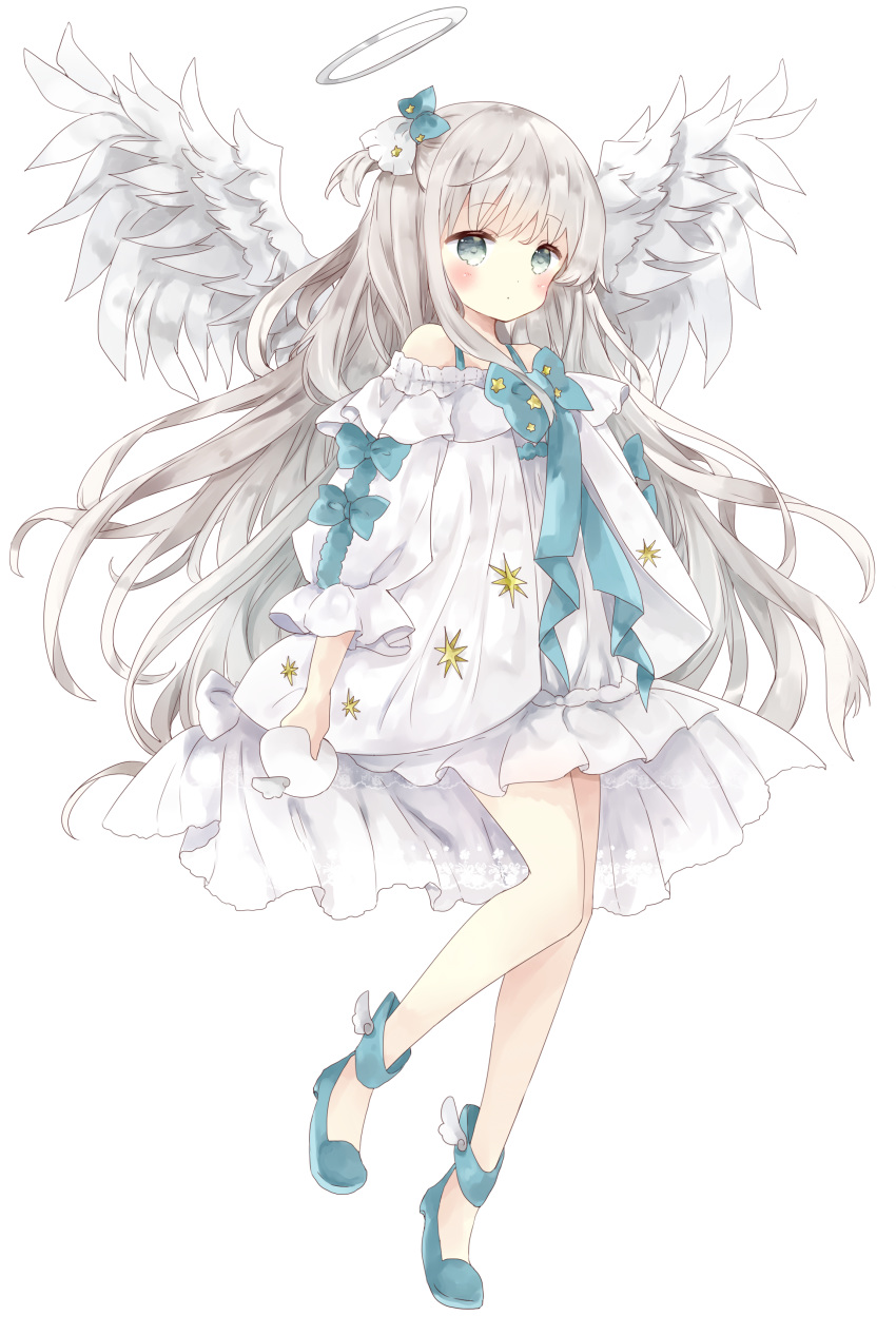 1girl absurdres angel angel_wings bangs bare_shoulders blue_bow blue_footwear blush bow closed_mouth commentary dress egg eyebrows_visible_through_hair feathered_wings full_body grey_eyes grey_hair hair_bow halo highres holding long_hair long_sleeves looking_at_viewer no_socks off-shoulder_dress off_shoulder one_side_up original puffy_long_sleeves puffy_sleeves shoes simple_background solo symbol_commentary tsukiyo_(skymint) very_long_hair white_background white_dress white_wings wings