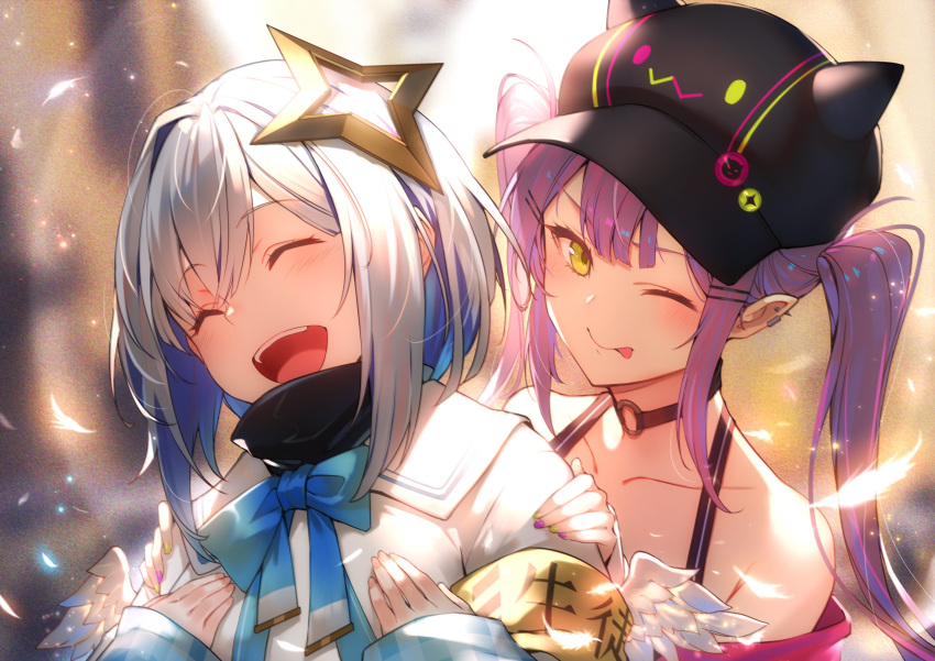 2girls absurdres amane_kanata angel angel_wings armband baseball_cap bow choker closed_eyes collarbone ear_piercing feathered_wings feathers green_eyes grey_hair halo hands_on_another's_shoulders hat highres hololive horned_headwear kakage multicolored_hair multiple_girls off_shoulder one_eye_closed open_mouth piercing purple_hair smile tokoyami_towa tongue tongue_out twintails two-tone_hair upper_body virtual_youtuber wings