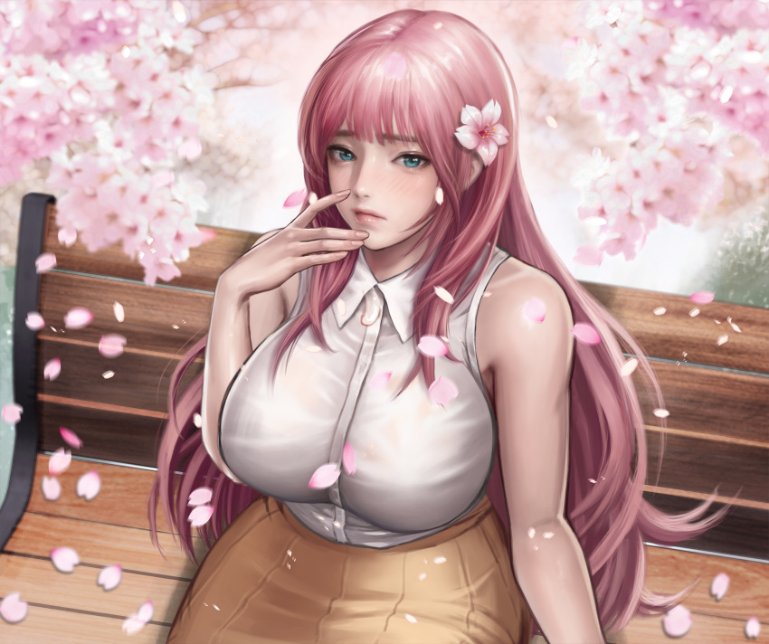 1girl aqua_eyes bangs bare_shoulders beige_skirt bench blush breasts cherry_blossoms closed_mouth collared_shirt dress_shirt falling_petals finger_to_face flower from_above hair_flower hair_ornament highres korean_commentary long_hair looking_at_viewer milkychu original outdoors park_bench pink_hair pink_lips shirt sidelocks sitting sleeveless sleeveless_shirt white_shirt