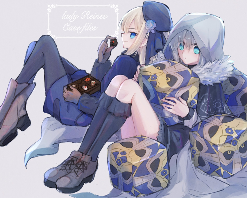 2girls black_capelet black_dress black_headwear black_legwear blonde_hair blue_dress blue_eyes brown_gloves capelet character_name chocolate closed_mouth dress fate_(series) food gloves gray_(lord_el-melloi_ii) grey_background grey_hoodie hat highres holding holding_food hood hood_up kneehighs long_sleeves lord_el-melloi_ii_case_files multiple_girls nayu_tundora panties pantyhose pantyshot profile reines_el-melloi_archisorte shiny shiny_hair short_dress short_hair silver_hair sitting sketch smile underwear