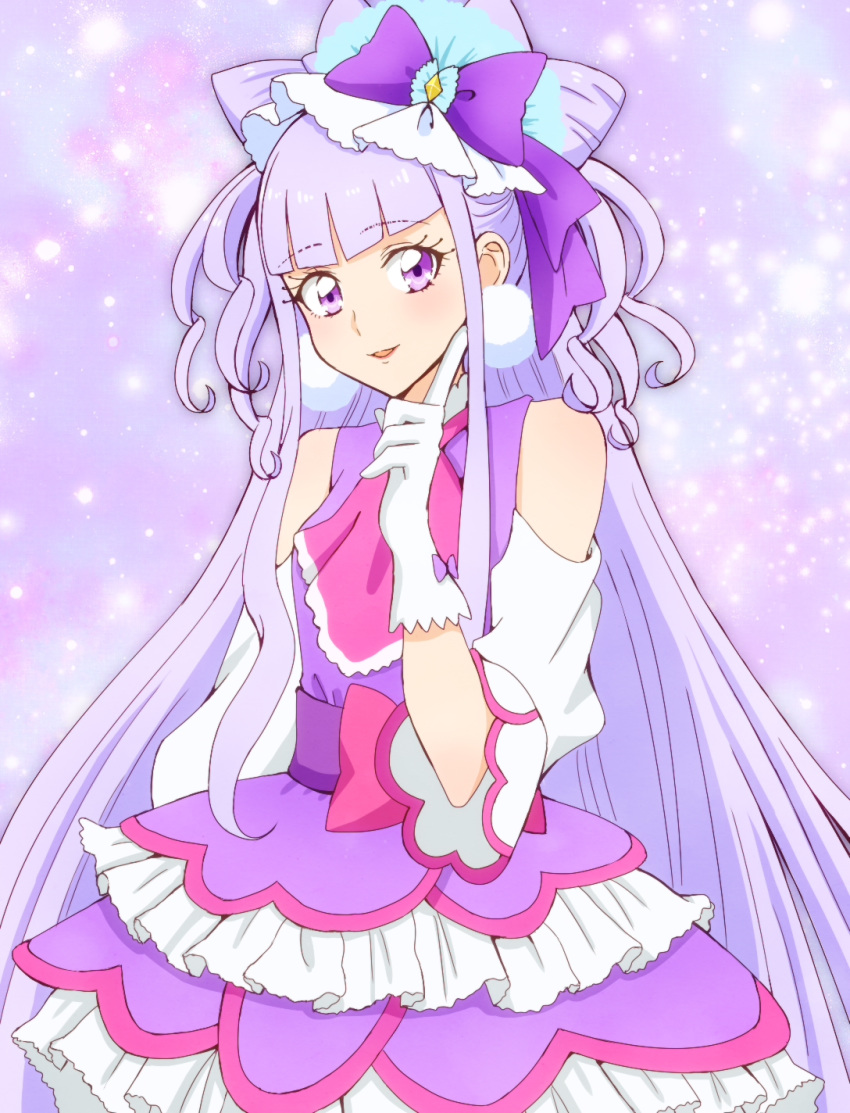 1girl bangs blunt_bangs bow cowboy_shot cure_amour dress gloves hair_bow highres hugtto!_precure koroni_(nkrgs) layered_dress long_hair looking_at_viewer pink_neckwear precure purple_bow purple_dress purple_hair shiny shiny_hair shoulder_cutout solo standing very_long_hair violet_eyes white_gloves