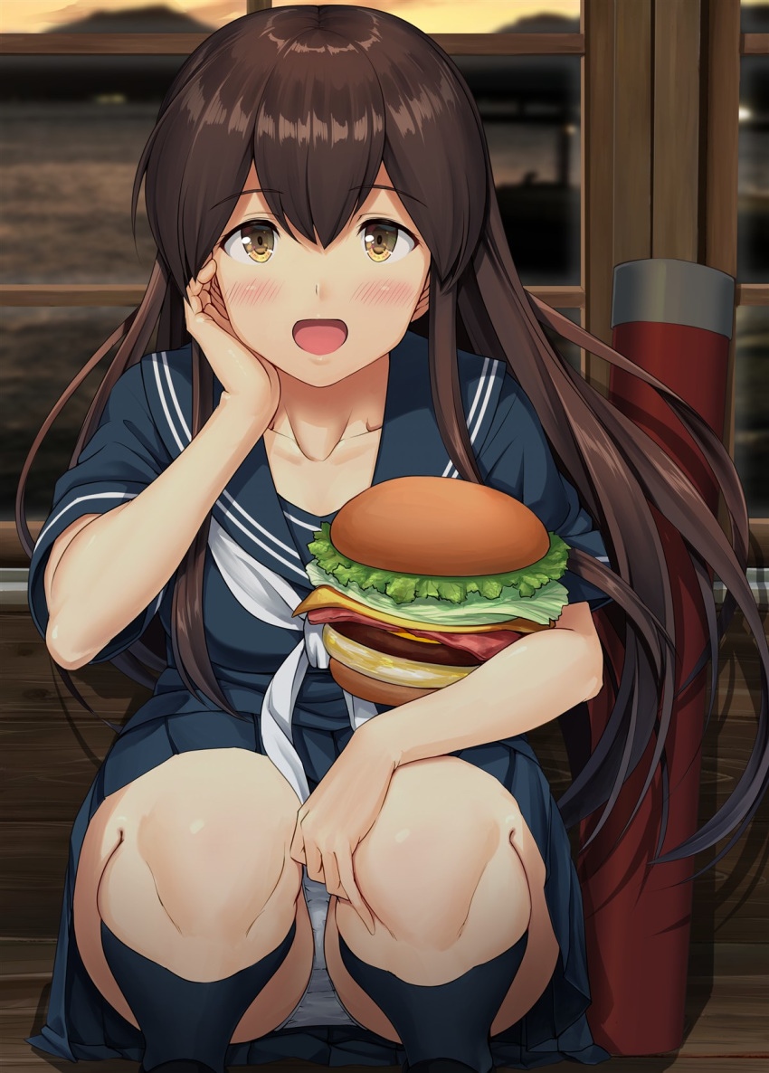 1girl akagi_(kantai_collection) bag bangs blush breasts brown_eyes brown_hair collarbone commentary_request eyebrows_visible_through_hair fast_food food hamburger hand_on_own_cheek hand_on_own_face highres holding holding_food ichikawa_feesu kantai_collection kneehighs long_hair looking_at_viewer neckerchief open_mouth outdoors panties pleated_skirt reflection sailor_collar school_uniform serafuku shirt short_sleeves skirt smile solo squatting underwear uniform white_neckwear window