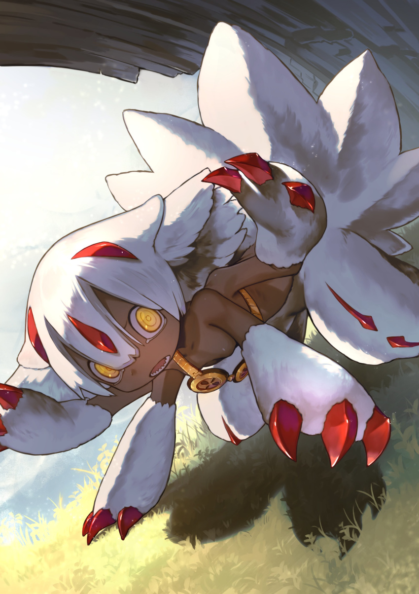 1girl absurdres all_fours claws dark_skin day extra_arms faputa fewer_digits goggles grass highres looking_at_viewer made_in_abyss maromayu monster_girl multiple_tails open_mouth outdoors paws short_hair solo tail white_hair yellow_eyes