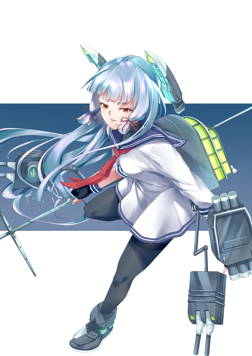 001machi 1girl absurdres black_legwear dress hair_ribbon headgear highres kantai_collection long_hair looking_at_viewer machinery murakumo_(kantai_collection) necktie orange_eyes pantyhose polearm red_neckwear ribbon sailor_dress sidelocks silver_hair solo spear thighband_pantyhose torpedo_launcher tress_ribbon weapon white_background