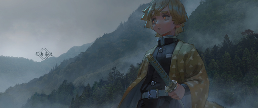 1boy agatsuma_zenitsu bangs belt blonde_hair closed_mouth clouds cloudy_sky commentary_request fog forest haori holding izna_(iznatic) japanese_clothes katana kimetsu_no_yaiba landscape long_sleeves looking_away looking_to_the_side male_focus mountain mountainous_horizon nature outdoors scabbard scenery sheath sheathed short_hair sky solo sword tree weapon yellow_eyes