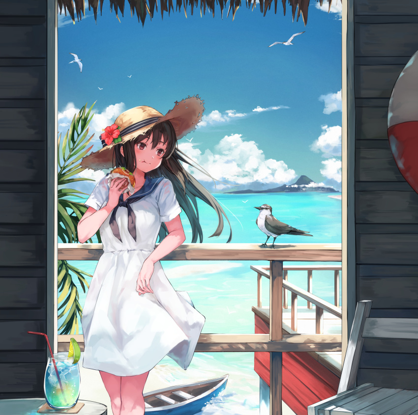 1girl absurdres bangs bird blue_sky boat brown_eyes brown_hair buoy clouds coaster commentary_request dress drinking_straw eating flower food food_on_face glass hamburger hat hat_flower highres holding holding_food ice ice_cube island leaning_back leaning_on_rail lime_slice long_hair maki_(maki_pei) ocean original palm_tree sailor_collar sky straw_hat summer sun_hat sundress tree watercraft white_dress wooden_chair wooden_railing