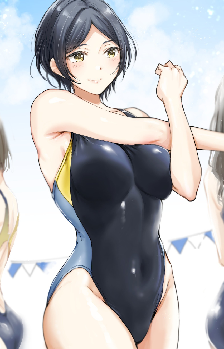 3girls absurdres bangs bare_shoulders black_hair black_swimsuit blue_sky blush breasts closed_mouth competition_swimsuit covered_navel hayami_kanade highleg highleg_swimsuit highres idolmaster idolmaster_cinderella_girls large_breasts looking_to_the_side multiple_girls oimo one-piece_swimsuit parted_bangs short_hair sky smile solo_focus stretch swimsuit thighs yellow_eyes