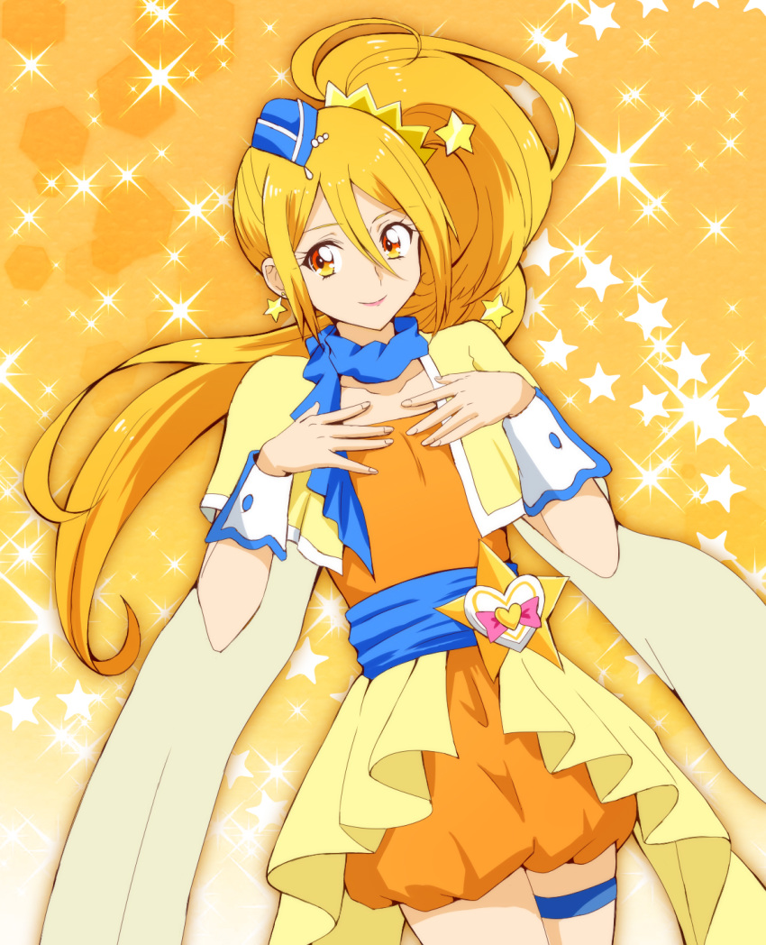 1girl bangs blonde_hair blue_neckwear closed_mouth collarbone cowboy_shot cure_etoile dress dutch_angle earrings eyebrows_visible_through_hair floating_hair hair_between_eyes hair_ornament highres hugtto!_precure jewelry koroni_(nkrgs) long_hair looking_at_viewer looking_to_the_side orange_dress precure shiny shiny_hair short_dress side_ponytail smile solo standing star star_earrings star_hair_ornament thigh_strap very_long_hair wrist_cuffs yellow_background yellow_capelet yellow_eyes