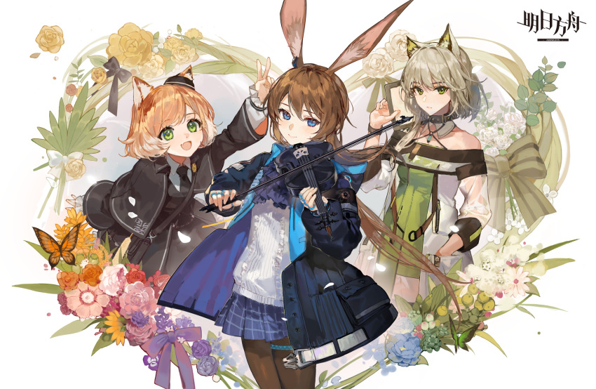 3girls :d amiya_(arknights) animal_ear_fluff animal_ears arknights arm_up bangs bare_shoulders black_bow black_capelet black_choker black_headwear black_jacket black_neckwear black_skirt blonde_hair blue_eyes blue_flower blue_jacket blue_neckwear blue_rose blue_skirt blush bow brown_hair brown_legwear bug butterfly capelet cat_ears choker ciloranko commentary copyright_name dress english_commentary eyebrows_visible_through_hair fang flower green_dress green_eyes hair_between_eyes hand_in_pocket hat highres holding holding_instrument insect instrument jacket kal'tsit_(arknights) long_hair long_sleeves looking_at_viewer mini_hat miniskirt mousse_(arknights) multiple_girls music necktie off-shoulder_dress off_shoulder open_clothes open_jacket open_mouth orange_flower orange_rose pantyhose pink_flower pink_rose playing_instrument pleated_skirt purple_flower purple_rose rabbit_ears red_flower red_rose rose shirt short_hair silver_hair skirt smile thigh_strap v violin white_background white_flower white_jacket white_rose white_shirt yellow_flower yellow_rose