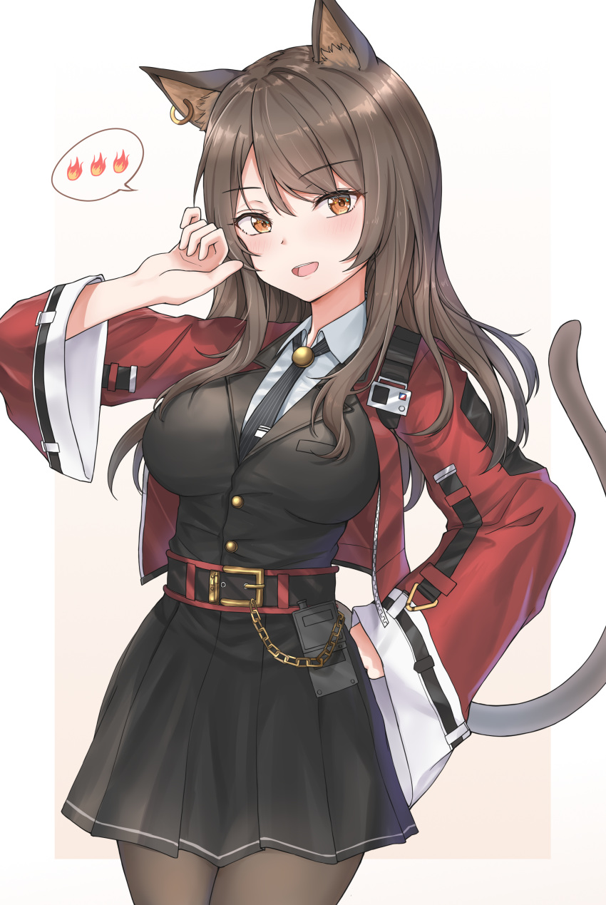 1girl :d absurdres animal_ear_fluff animal_ears arknights bangs beige_background belt black_legwear black_neckwear black_skirt black_vest blush breasts brown_eyes brown_hair cat_ears cat_tail commentary_request cowboy_shot earrings eyebrows_visible_through_hair gradient gradient_background hair_between_eyes hand_on_hip highres jacket jewelry large_breasts long_hair looking_at_viewer mango_(mgo) miniskirt necktie open_clothes open_jacket open_mouth pantyhose pleated_skirt red_jacket skirt skirt_set skyfire_(arknights) smile solo standing tail vest wide_sleeves