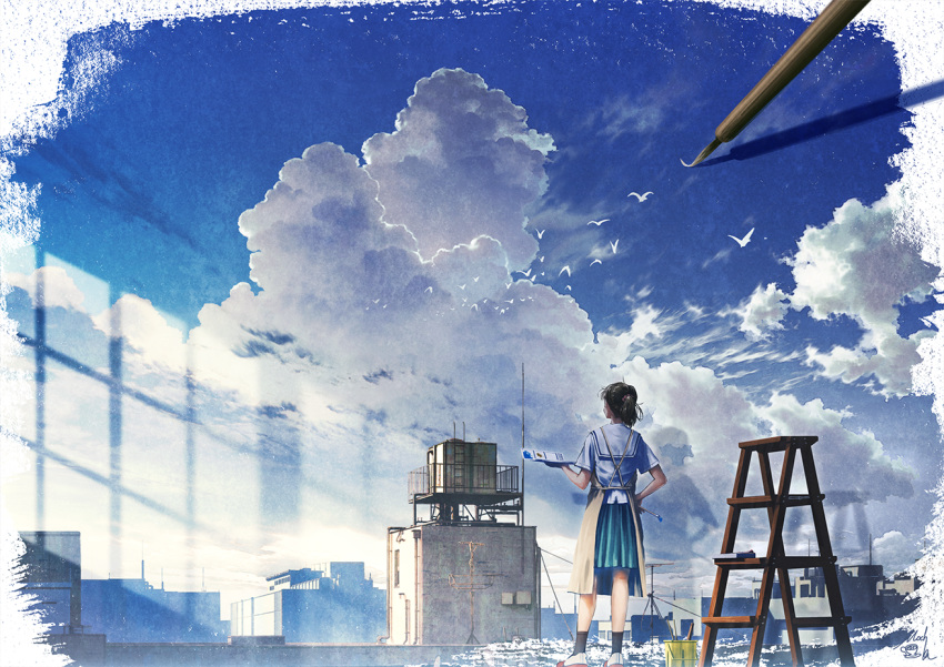 1girl apron black_hair black_legwear blue_skirt blue_sky brown_apron building clouds cloudy_sky commentary_request day facing_away hand_on_hip holding holding_paintbrush mocha_(cotton) original outdoors paintbrush pleated_skirt ponytail rooftop sailor_collar school_uniform serafuku shirt shoes short_sleeves signature skirt sky socks solo stepladder white_footwear white_sailor_collar white_shirt