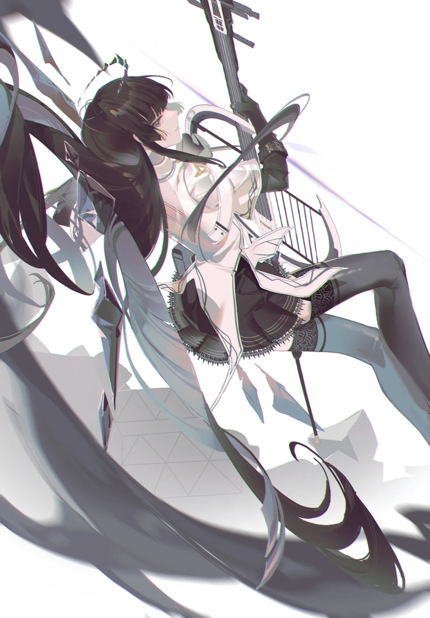 1girl absurdly_long_hair antenna_hair arknights artist_name ascot black_ascot black_garter_straps black_gloves black_hair black_halo black_skirt black_sleeves black_thighhighs black_wings blunt_bangs blurry blurry_background blurry_foreground bow_(music) bright_pupils broken_halo cello chinese_commentary chromatic_aberration closed_mouth collared_jacket commentary_request dark_halo depth_of_field detached_wings energy_wings feet_out_of_frame floating floating_hair from_side garter_straps gloves grey_eyes halo hands_up highres hime_cut holding holding_bow_(music) holding_instrument holding_violin instrument jacket knee_up layered_sleeves light_smile long_hair long_sleeves looking_at_viewer miniskirt music pale_skin playing playing_instrument pleated_skirt profile rubble samo_(shichun_samo) short_over_long_sleeves short_sleeved_jacket short_sleeves sidelocks sideways_glance simple_background skirt solo straight_hair strap thigh-highs very_long_hair violin virtuosa_(arknights) watermark weibo_logo weibo_username white_background white_jacket white_pupils wide_sleeves wings zettai_ryouiki