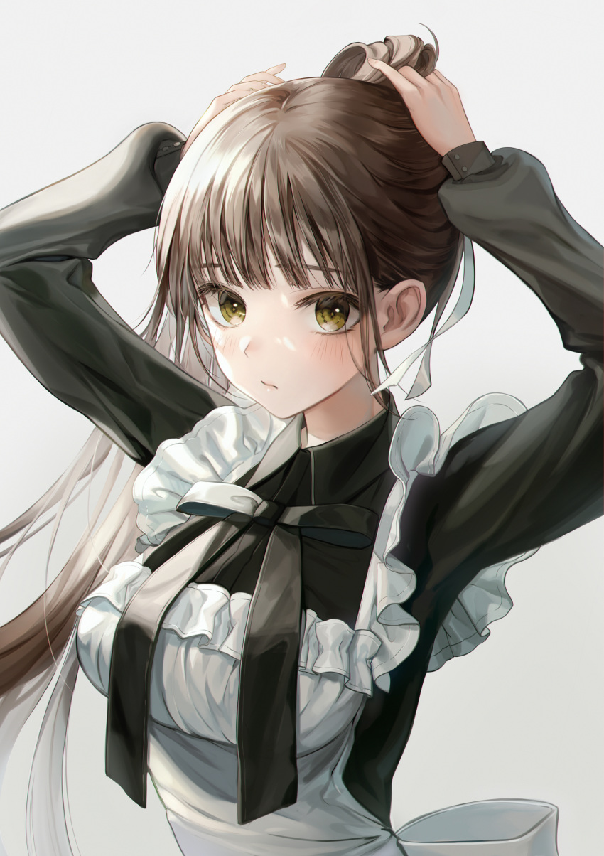 1girl adjusting_hair apron arms_up bangs black_dress black_neckwear blush breasts brown_hair closed_mouth commentary_request dress eyebrows_visible_through_hair frilled_apron frills green_eyes grey_background hair_ribbon highres large_breasts long_hair long_sleeves maid minncn original ponytail ribbon simple_background solo upper_body white_apron